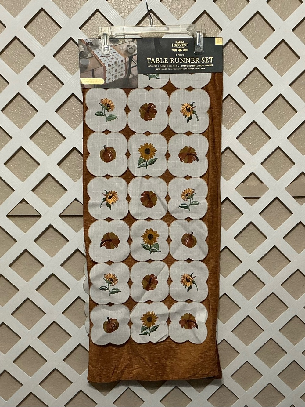 Envogue Golden Brown and White Cutout Harvest Floral 2 Piece Table Runner